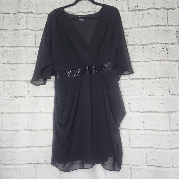 City Chic Flutter Sleeve Sequin Wrap Dress Black Size 18 Medium Short Dress - Picture 1 of 13